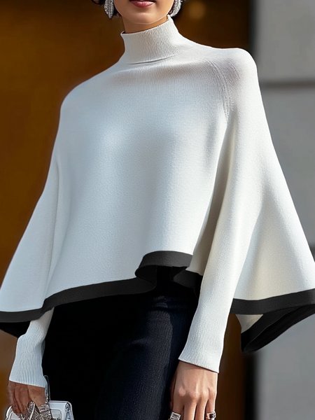 

Loose Elegant Turtleneck Color Block Sweater, Black-white, Pullovers
