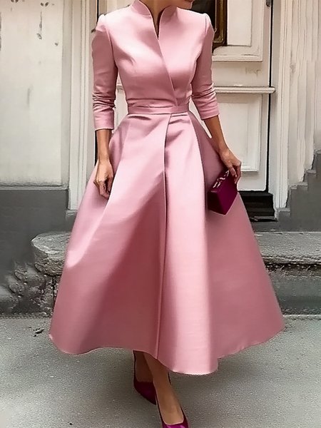 

Regular Sleeve Plain Elegant Stand Collar Regular Fit Party Dress, Pink, Maxi Dresses