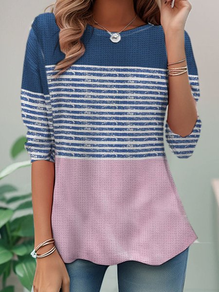 

Casual Striped Crew Neck Long Sleeve T-shirt, Blue, T-shirts