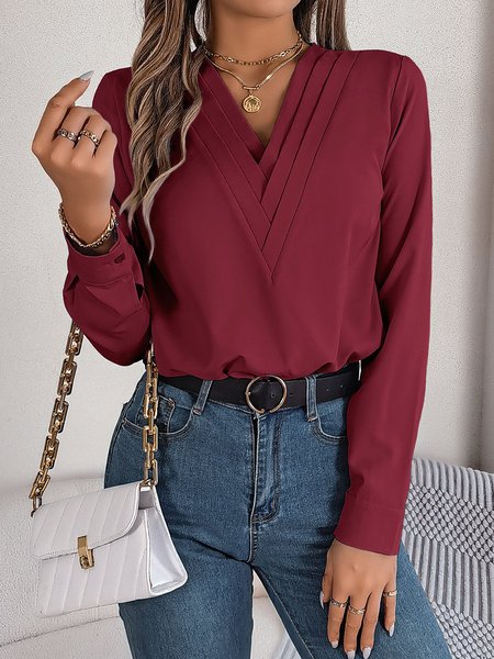 

Women's Long Sleeve Blouse Spring/Fall Plain V Neck Daily Going Out Casual Top, Wine red, Blouses