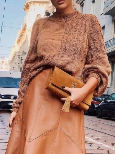 

Loose Raglan Sleeve Mock Neck Urban Sweater, Brown, Pullovers