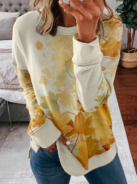

Casual Maple Leaf Crew Neck Sweatshirt, Yellow, Hoodies&Sweatshirts