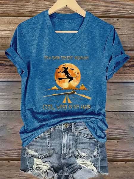 

Women's Halloween On A Dark Desert Highway Cold Wind In My Hair Printed Casual T-Shirt, Blue, T-shirts