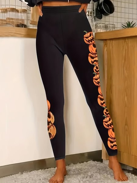 Casual Halloween Pumpkins Print Long Leggings, Black, Leggings