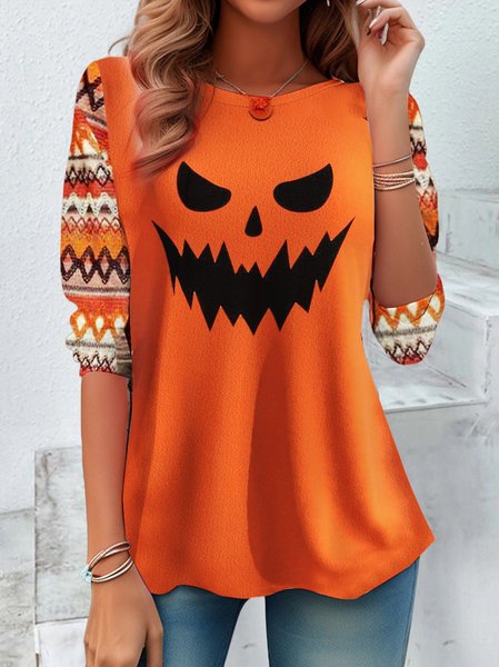 

Women's Long Sleeve Tee T-shirt Spring/Fall Halloween Printing Jersey Crew Neck Daily Going Out Vintage Top, Orange, T-Shirts
