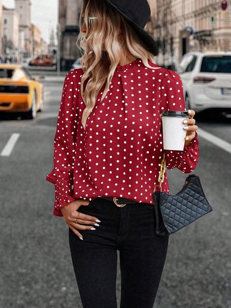 

Women's Long Sleeve Blouse Spring/Fall Polka Dots Lotus Leaf Collar Daily Going Out Casual Top, Red, Shirts & Blouses