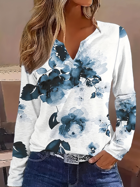 

Casual Floral Notched Long Sleeve T-shirt, Blue, T-shirts