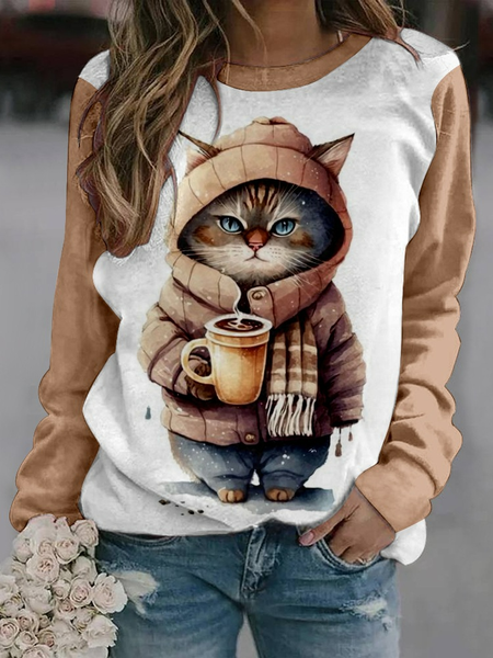 

Cat Loose Casual Crew Neck Sweatshirt, Khaki, Hoodies&Sweatshirts