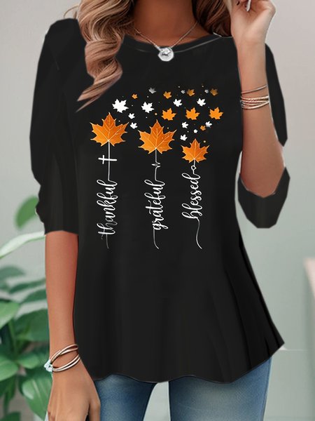 

Casual Leaf Crew Neck Long Sleeve T-shirt, Black, T-shirts