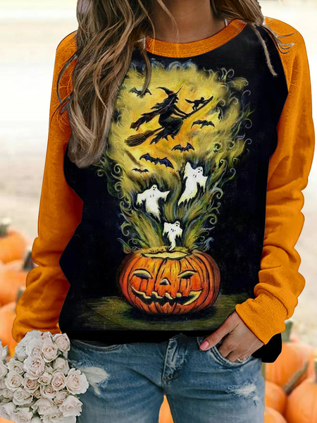 

Women's Crew Neck Halloween (pumpkin) Printing Vintage Spring/Fall Long Sleeve Sweatshirt, Orange, Sweatshirts & Hoodies