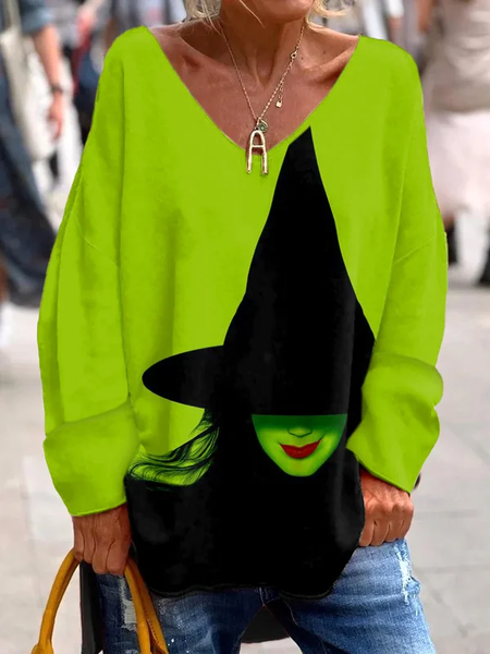 

Women's Witch Print V-Neck Long Sleeve T-Shirt, Green, Long sleeves