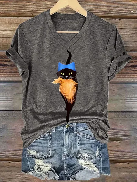 Women's Pussy Hat Cat&Orange Feminist Print T-Shirt, Deep gray, T-shirts