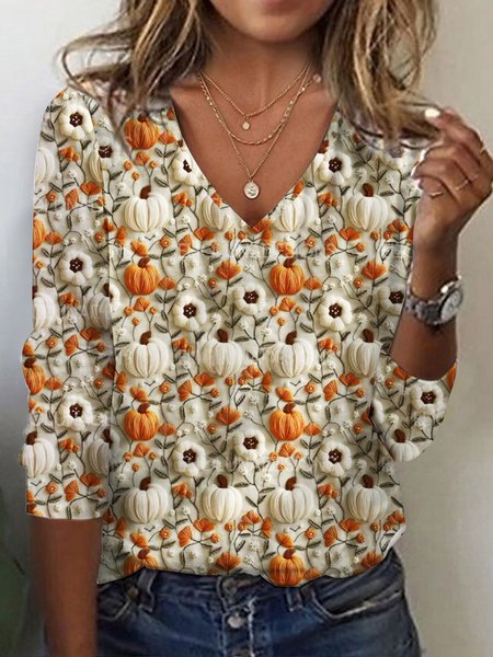 

Women's Long Sleeve Tee T-shirt Spring/Fall Halloween (pumpkin) Printing Jersey V Neck Daily Going Out Vintage Top, Off white, T-Shirts