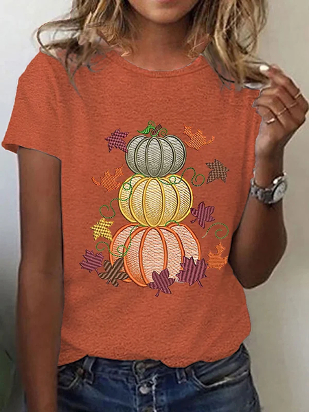 

Women's Thanksgiving Pumpkin Maple Leaves Printed T-Shirt, Orange, T-shirts