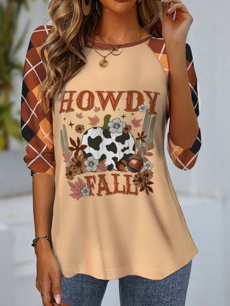 

Casual Plaid Crew Neck Long Sleeve T-shirt, Orange red, Blouses