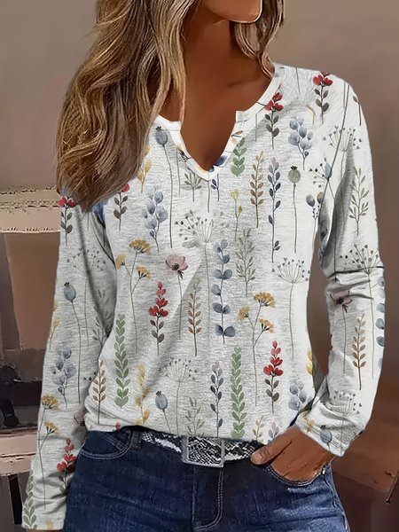Casual Plain Notched Long Sleeve T-shirt, Gray, T-shirts