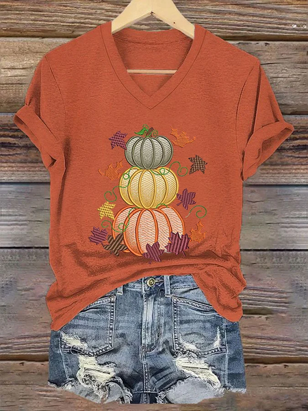 

Women's Thanksgiving Pumpkin Maple Leaves Printed T-Shirt, Orange, T-shirts