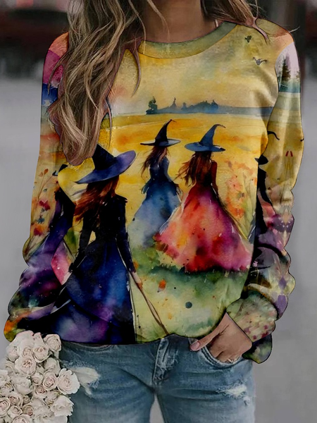 Women's Witch Print Crew Neck Casual Sweatshirt, Orange, Hoodies&Sweatshirts