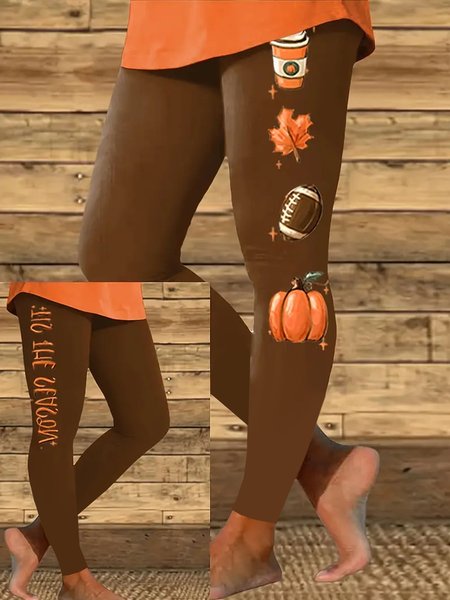 Casual Halloween Skinny Soft Clouds Long Leggings, Coffee, Leggings