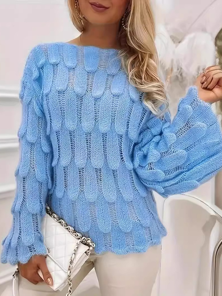

Yarn/Wool Yarn Crew Neck Casual Sweater, Sky blue, Sweaters & Cardigans