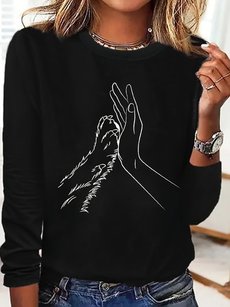 

Casual Animal Crew Neck Long Sleeve T-shirt, Black, T-shirts