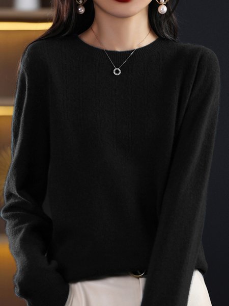 

Women's Spring/Fall Plain Casual Long Sleeve Crew Neck Yarn/Wool Yarn Sweater, Black, Sweaters