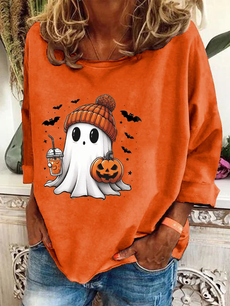 

Women's Halloween Ghost Print Casual Sweatshirt, Orange, Hoodies&Sweatshirts