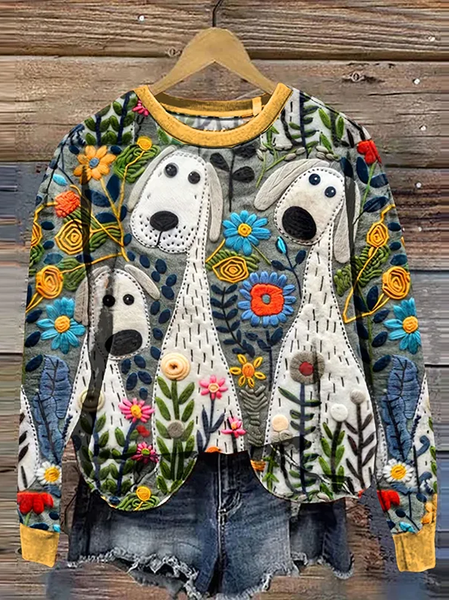 

Cute Dog Art And Floral Casual Sweatshirt, Yellow, Hoodies&Sweatshirts