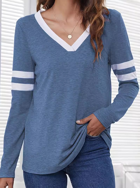 

Casual Color Block V Neck Long Sleeve T-shirt, Blue, T-shirts