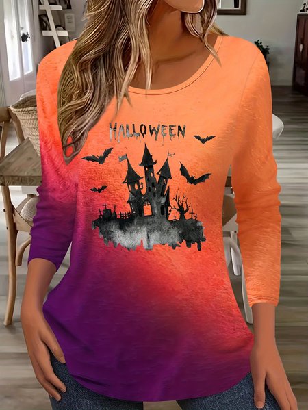 

Casual Halloween Crew Neck Long Sleeve T-shirt, Orange red, T-shirts