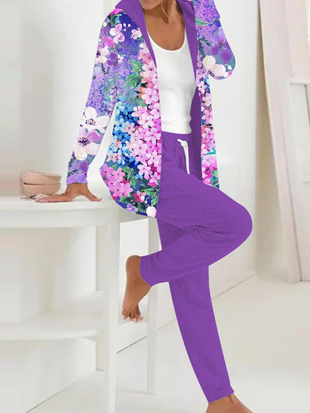

Women Floral Hoodie Long Sleeve Comfy Casual Coat With Pants Two-Piece Set, Purple, Sets