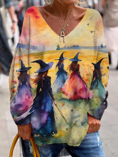 

Women's Witch Print V-Neck Long Sleeve Shirt, Orange, Long sleeves