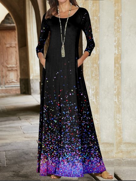 

Women Ombre Crew Neck Long Sleeve Comfy Casual Pocket Stitching Maxi Dress, Black, Maxi
