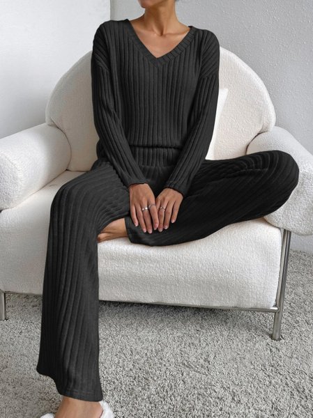 

Women Plain V Neck Long Sleeve Comfy Casual Top With Pants Two-Piece Set, Black, Sets