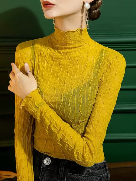 

Mock Neck Plain Tight Elegant Blouse, Yellow, Tees