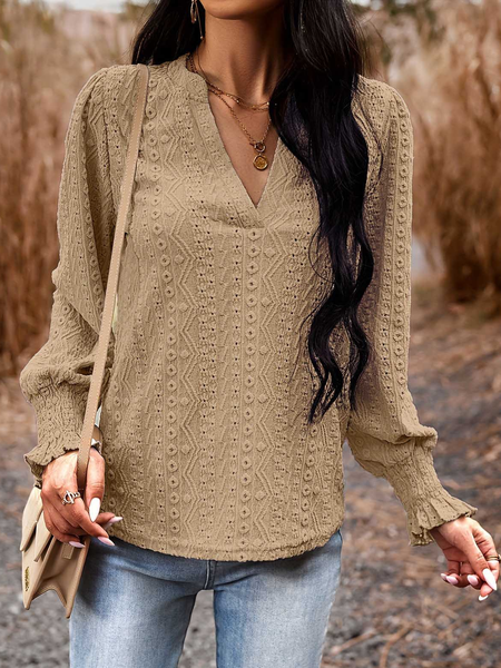 

Notched Long Sleeve Plain Lace Regular Micro-Elasticity Loose Blouse For Women, Khaki, Blouses