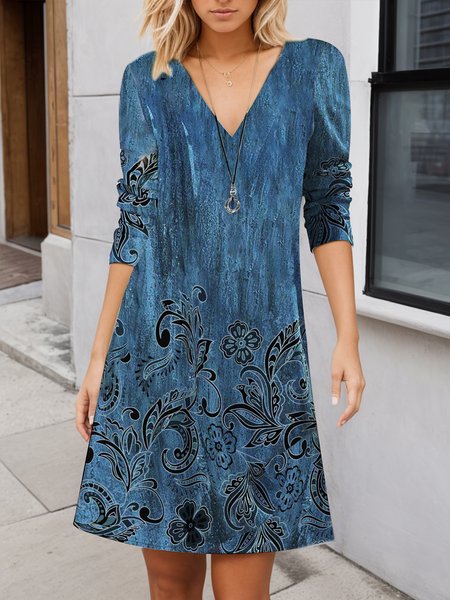 

Women's Long Sleeve Summer Floral Printing Jersey Dress V Neck Daily Going Out Vintage Midi A-Line TUNIC, Blue, Dresses