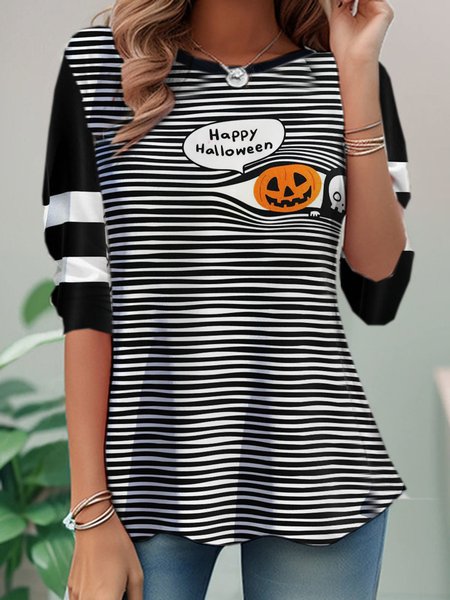 

Casual Halloween Crew Neck Long Sleeve T-shirt, Black-white, T-shirts