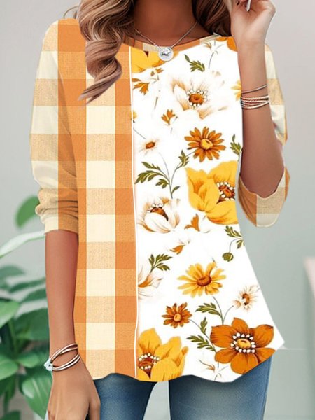 Casual Halloween Plaid And Floral Print Crew Neck Long Sleeve T-shirt, Yellow, T-shirts