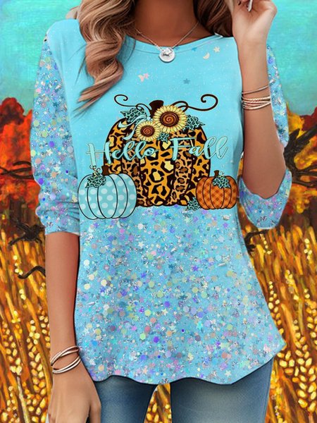

Casual Halloween Crew Neck Long Sleeve T-shirt, Blue, T-shirts