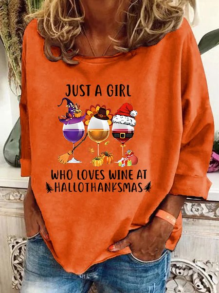 

Women's Just A Girl Who Loves Wine At Hallothanksmas Print Casual Sweatshirt, Orange, Hoodies&Sweatshirts