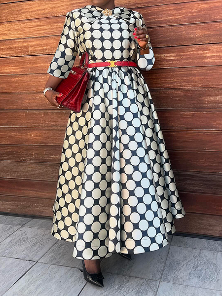 

Elegant Polka Dots Maxi Dress With Brooch, As picture, Maxi Dresses