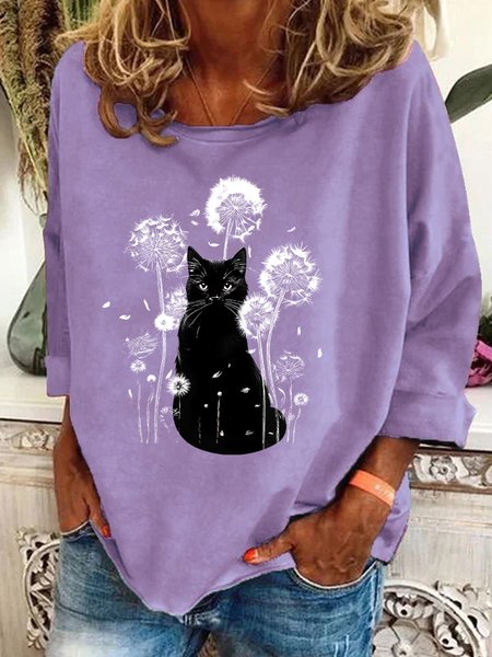 

Retro Cat & Dandelion Print Casual Sweatshirt, Lavender, Hoodies&Sweatshirts
