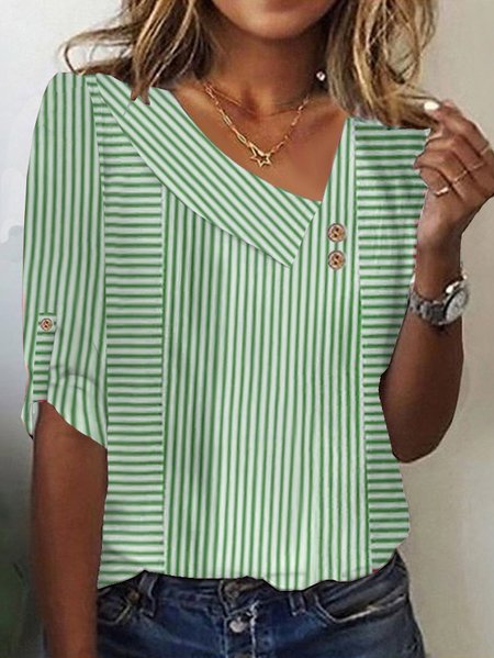

Casual Striped Asymmetrical Three Quarter Sleeve T-shirt, Green, T-shirts