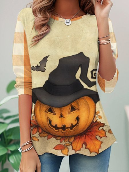 

Casual Halloween Pumpkins Print Crew Neck Long Sleeve T-shirt, Orange, T-shirts