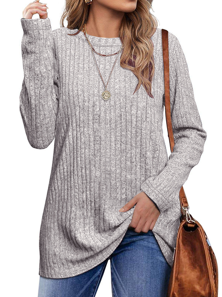 

Women's Long Sleeve Blouse Spring/Fall Plain Knitted Crew Neck Daily Going Out Casual Top, Light gray, Shirts & Blouses