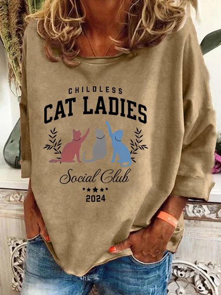 Childless Cat Lady Print Casual Sweatshirt, Khaki, Hoodies&Sweatshirts