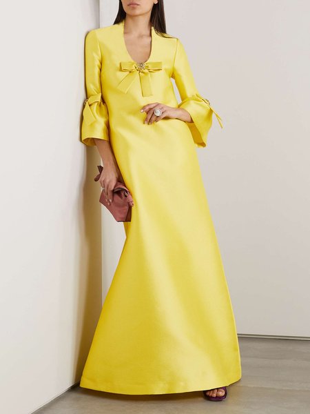 

U-Neck Regular Fit Elegant Plain Bell Sleeve Party Dress, Yellow, Maxi Dresses