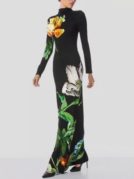 

Elegant Regular Fit Regular Sleeve Mock Neck Dress, Black, Maxi Dresses