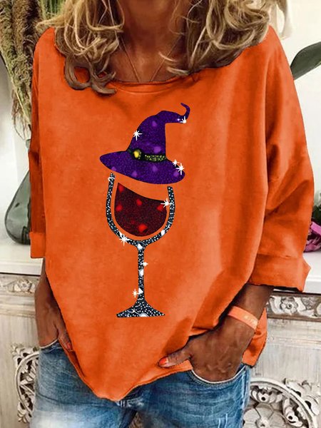 

Witch and Wine Glass Print Casual Sweatshirt, Orange, Hoodies&Sweatshirts